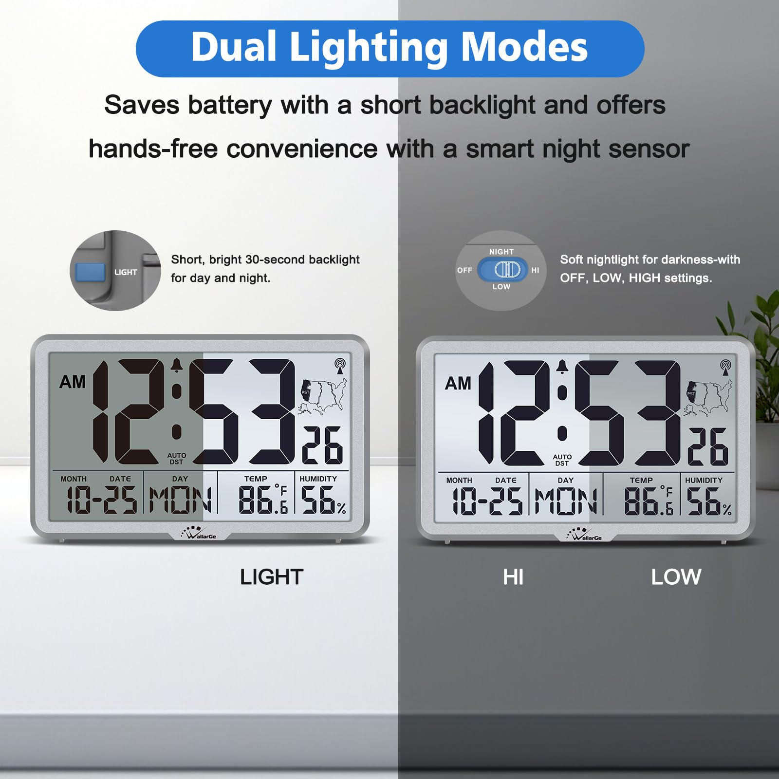 WallarGe Clock temperature and humidity readout helps monitor indoor air.