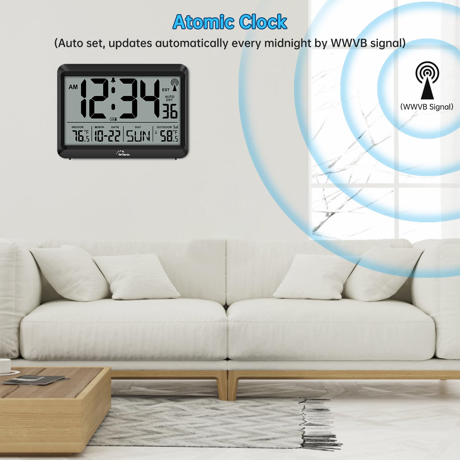 WallarGe digital clock running on batteries for flexible placement
