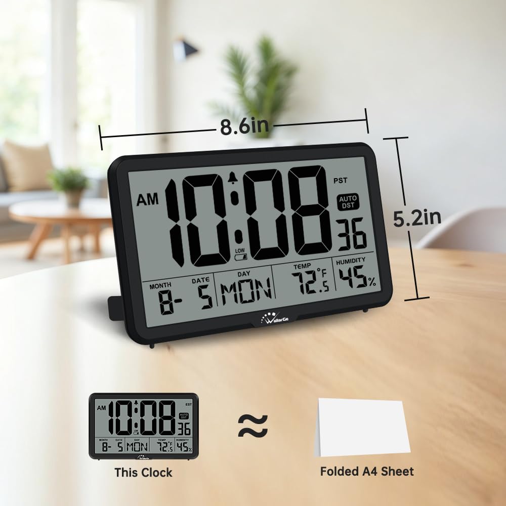 WallarGe clock showing indoor temperature and humidity for comfort monitoring
