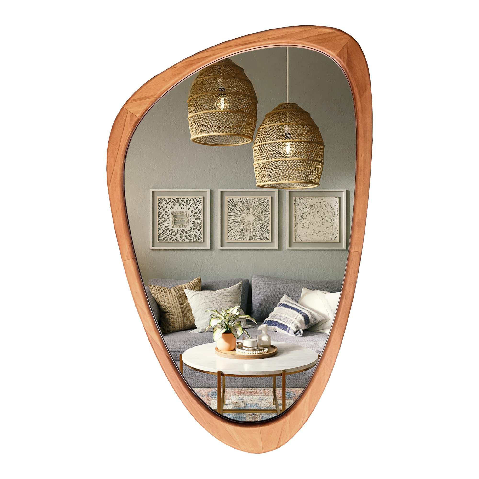 WallBeyond asymmetrical wood-frame mirror enhances room depth