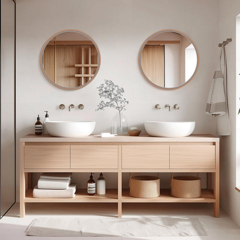 WallBeyond walnut round mirror with HD reflection for bathroom vanity