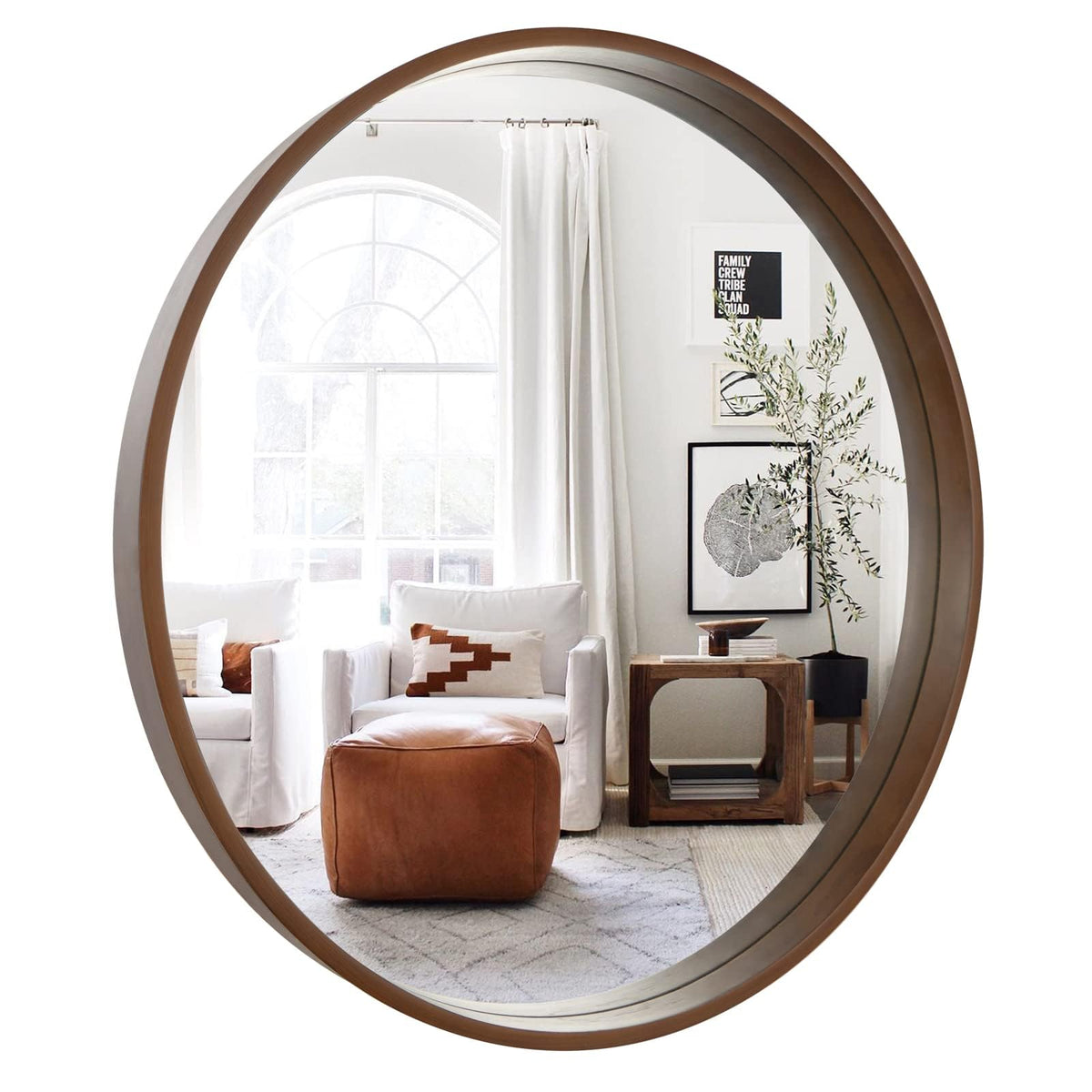 WallBeyond circle mirror with wood frame adds warmth and style to any wall.