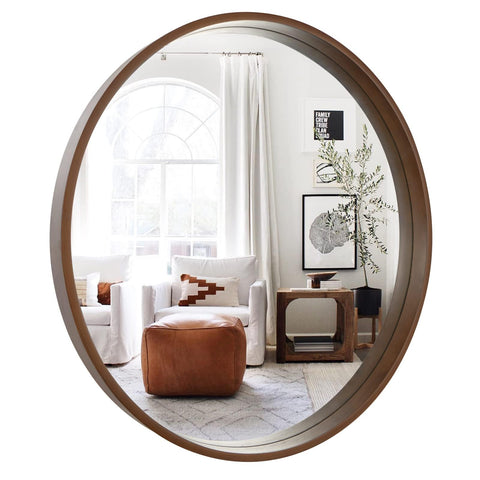 WallBeyond circle mirror with wood frame adds warmth and style to any wall.