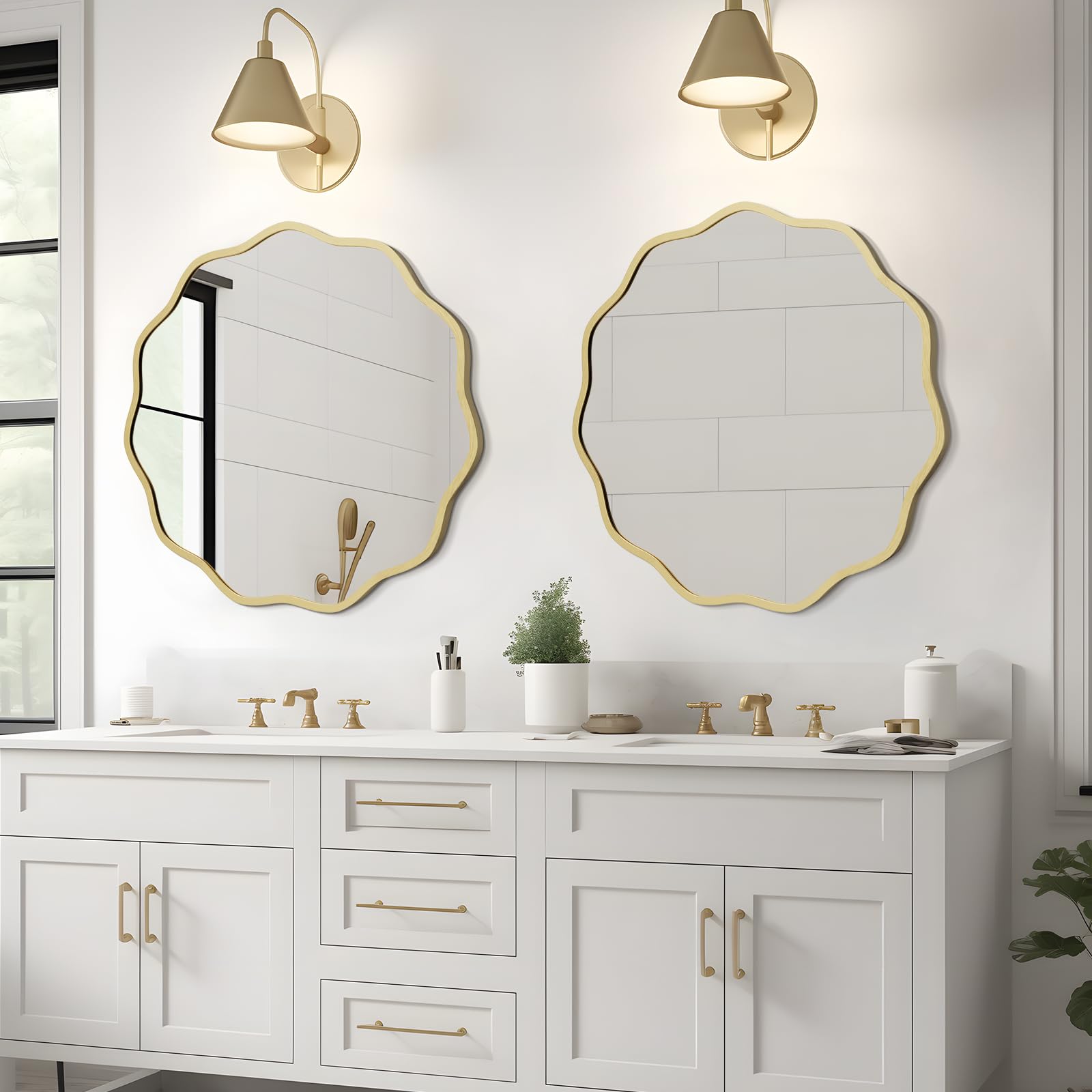 WallBeyond gold round mirror features an edge wave for stylish focal point