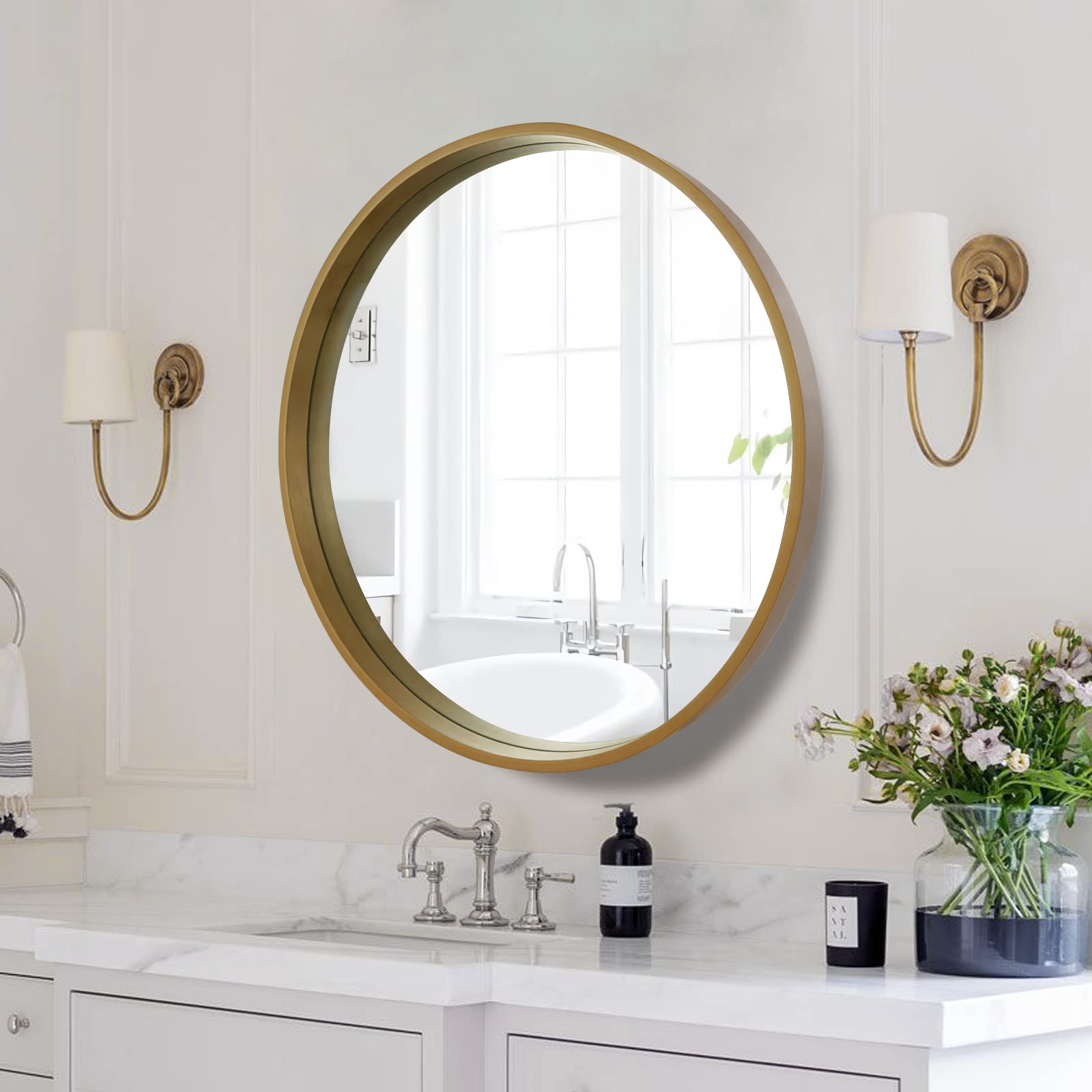WallBeyond wood-frame round mirror highlights natural wood tone, adding warmth to interiors