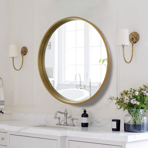 WallBeyond wood-frame round mirror highlights natural wood tone, adding warmth to interiors