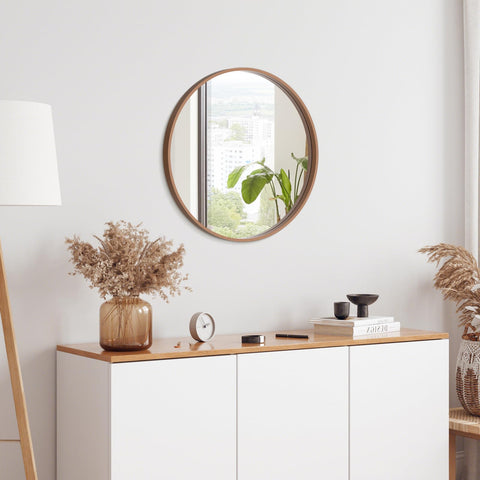 WallBeyond walnut wood round mirror enhances space in living rooms