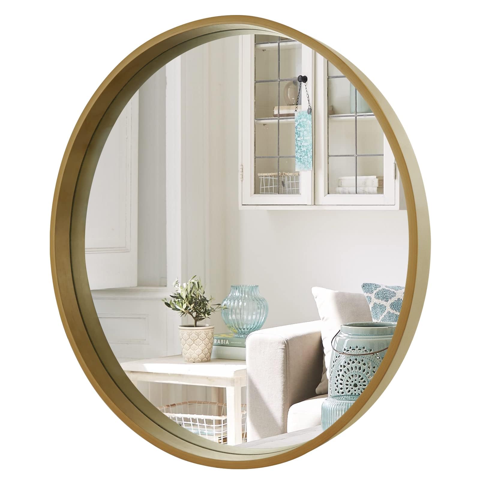 WallBeyond round mirror with wood frame offers a clear 28-inch reflection for living spaces