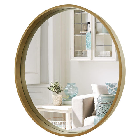 WallBeyond round mirror with wood frame offers a clear 28-inch reflection for living spaces