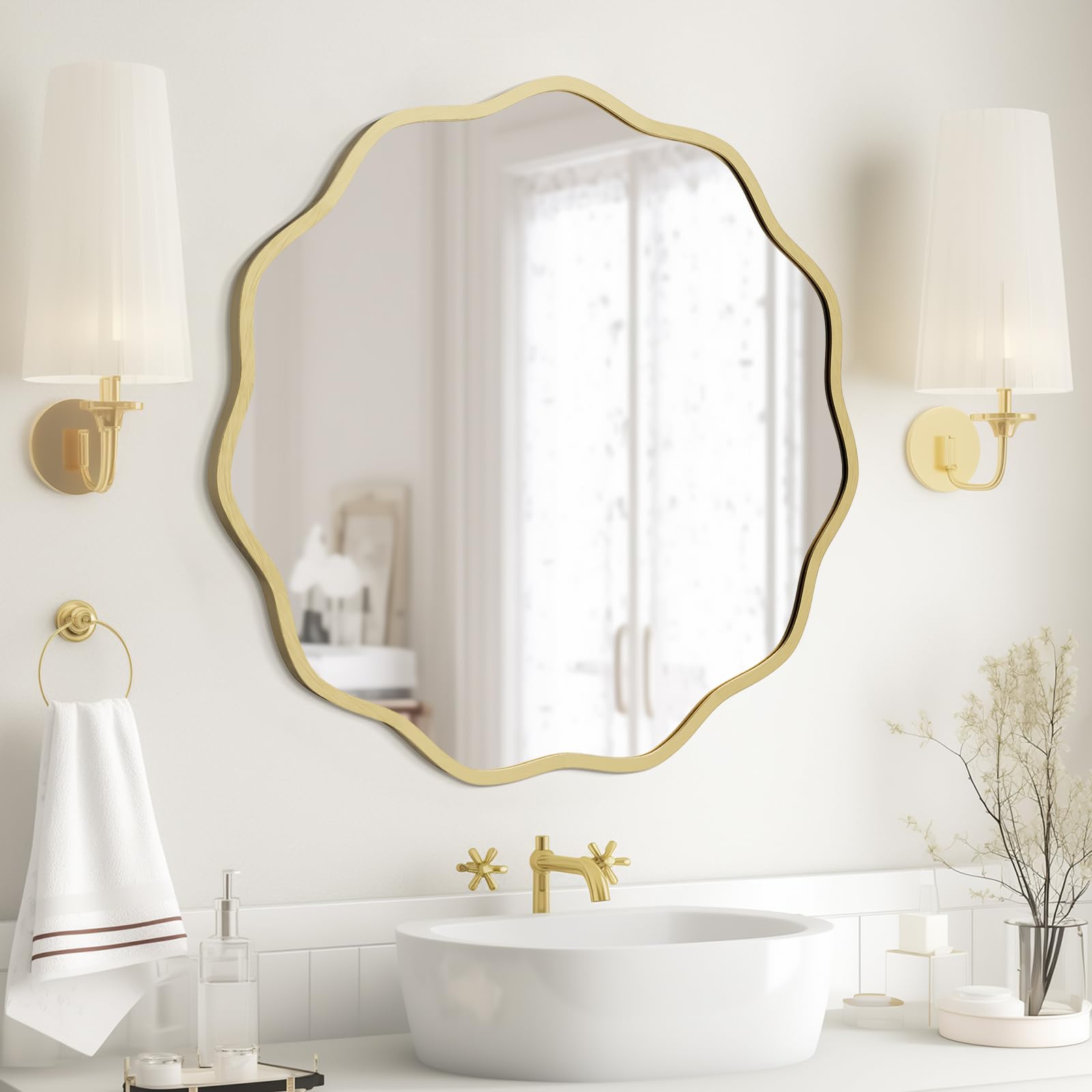 WallBeyond round wavy mirror with gold frame adds contemporary glamour to any room