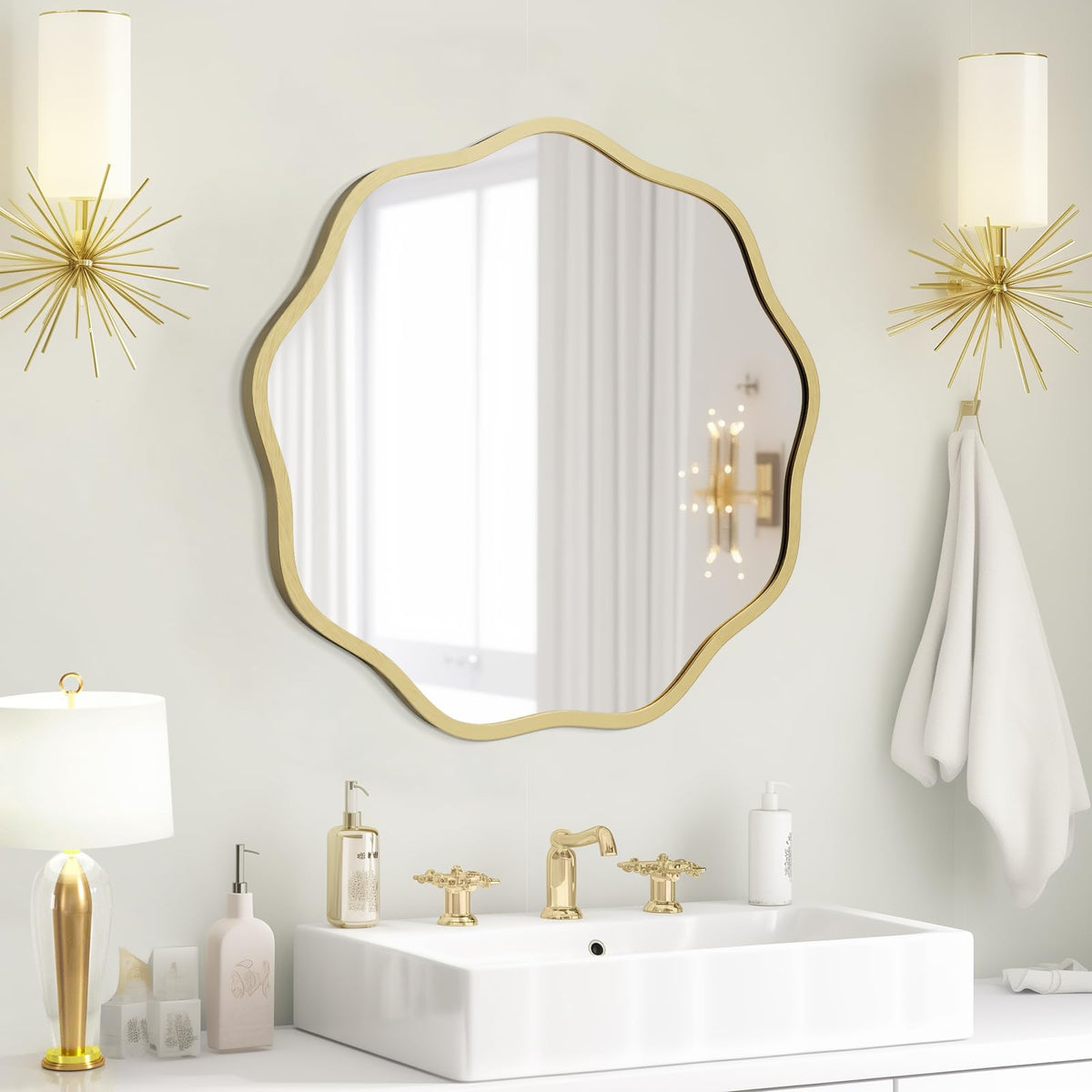 WallBeyond round-wavy mirror in gold reflects warm light beautifully