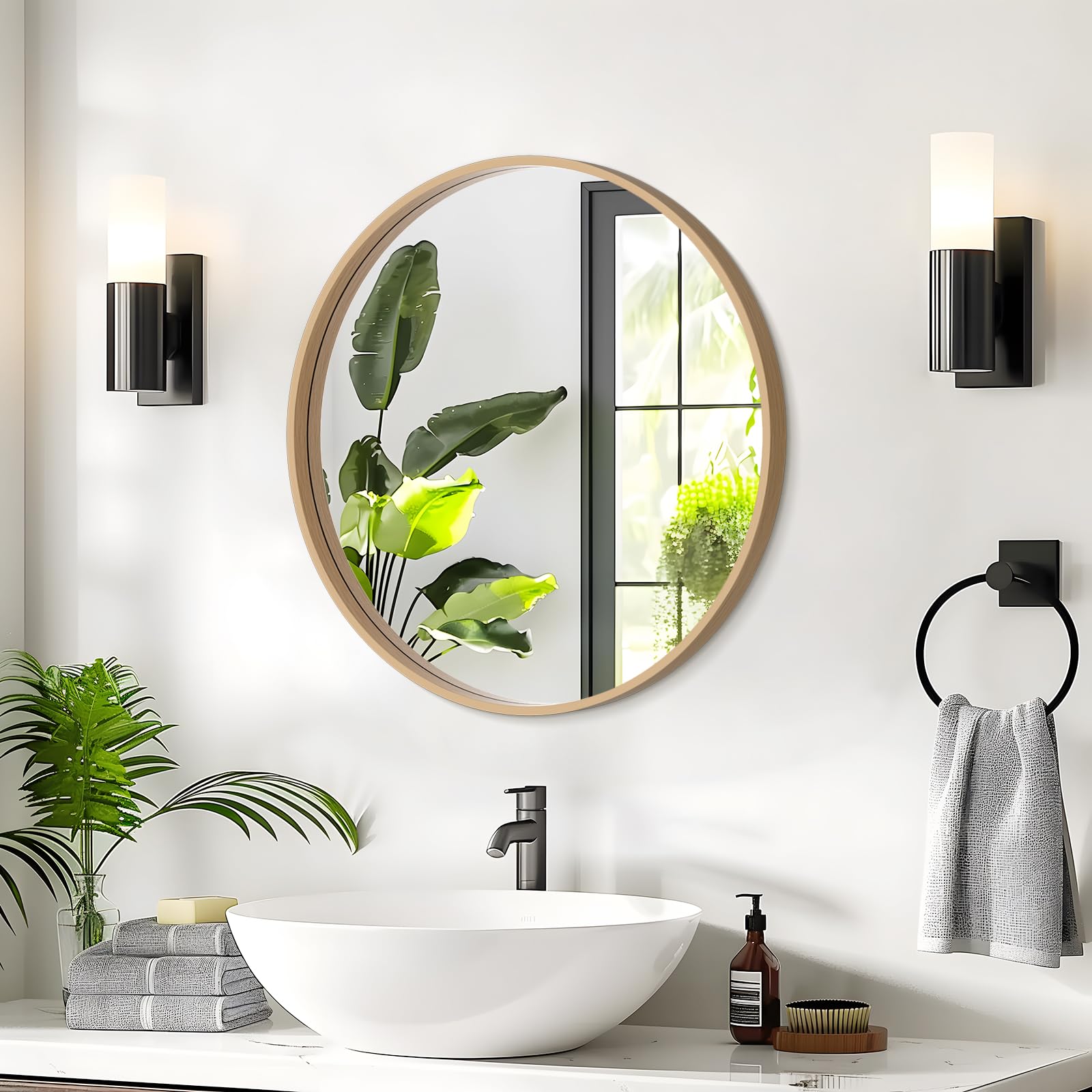 WallBeyond Round Wood Mirror 24-inch in bathroom vanity with clear reflection