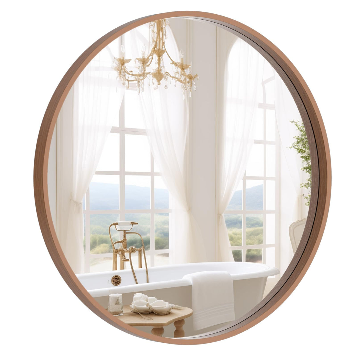 WallBeyond walnut round mirror reflecting light in a welcoming entryway