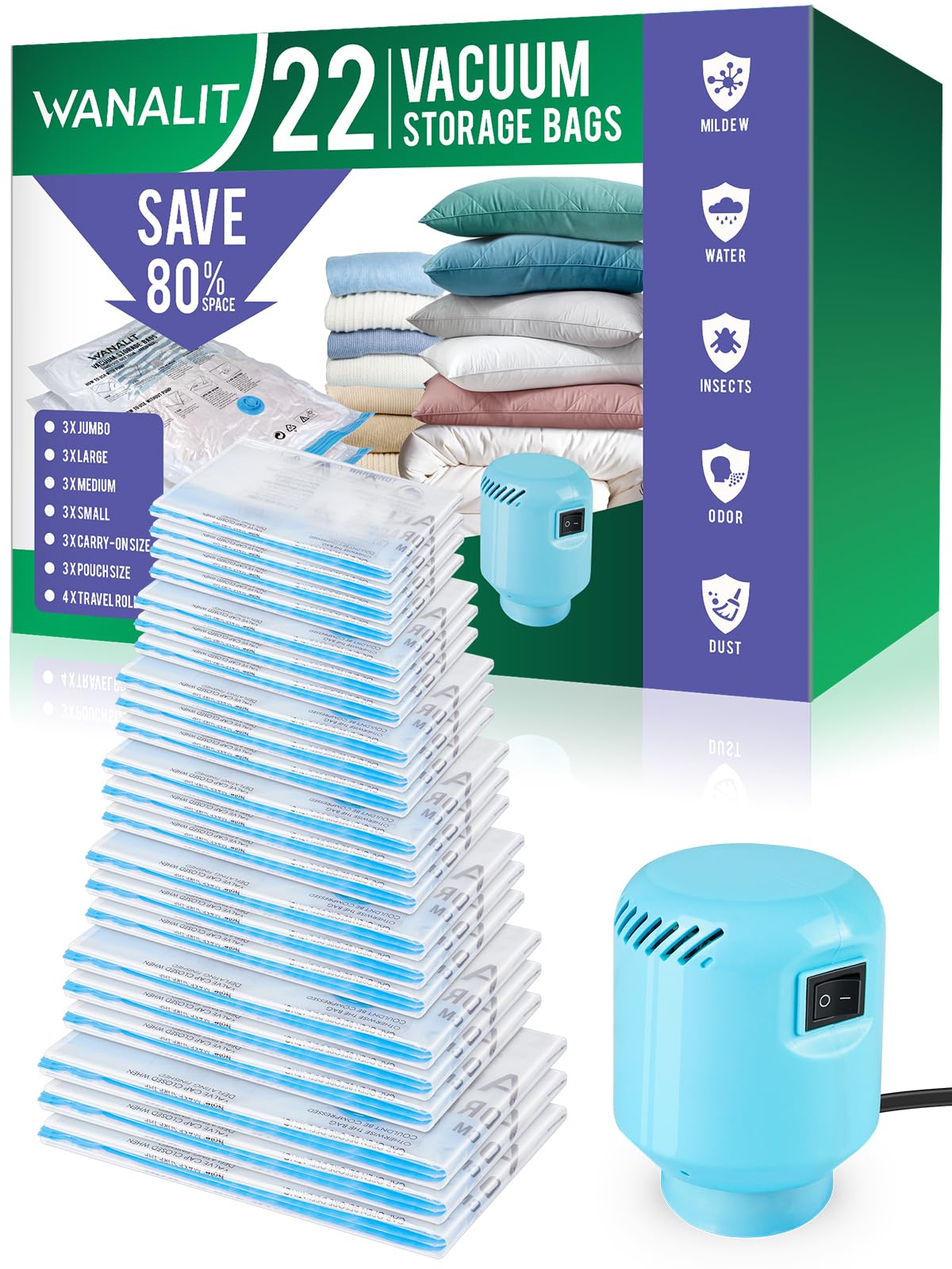 WANALIT vacuum bags with electric pump compressing clothes for extra luggage space