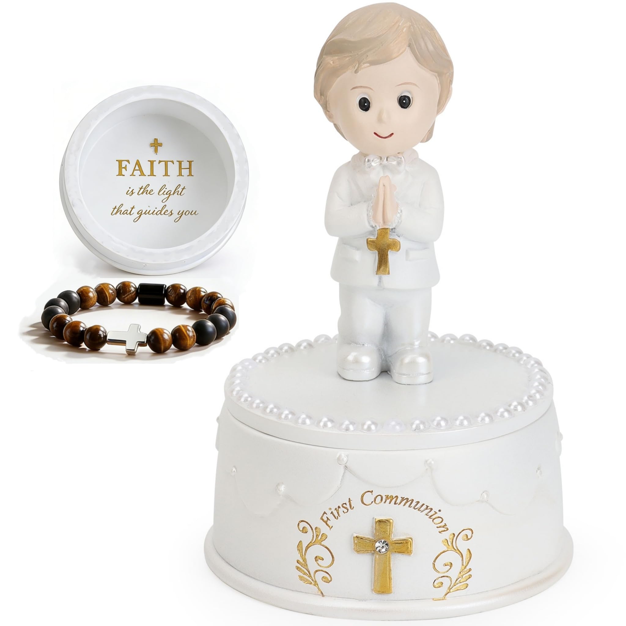 WANCHIY first communion boy figurine ready for shelf display.
