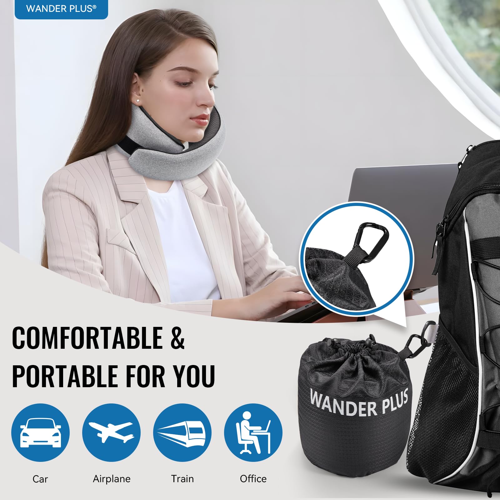 WANDER PLUS compact design supports neck during long journeys in planes and trains.