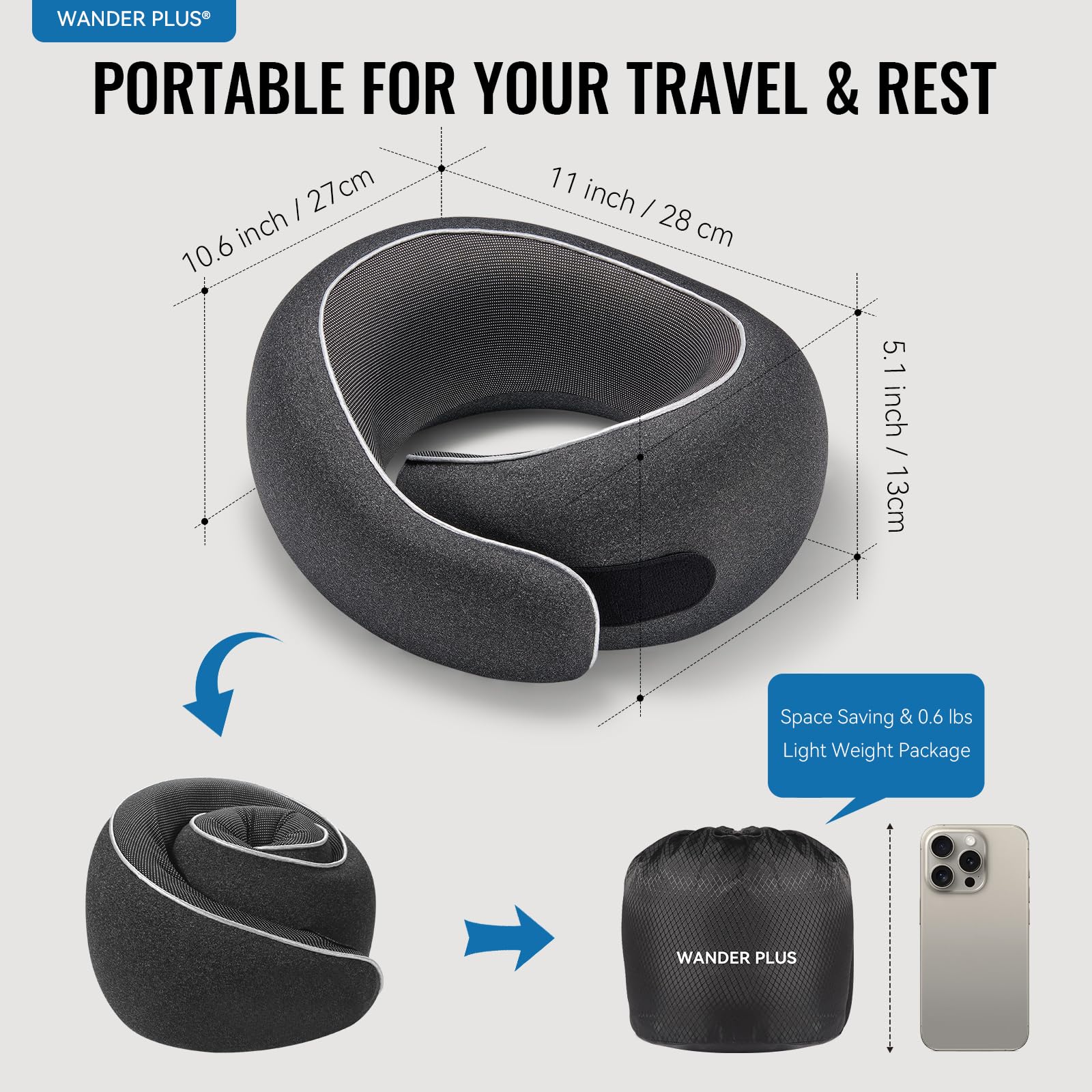 WANDER PLUS memory foam head support adapts to posture for comfortable rest.
