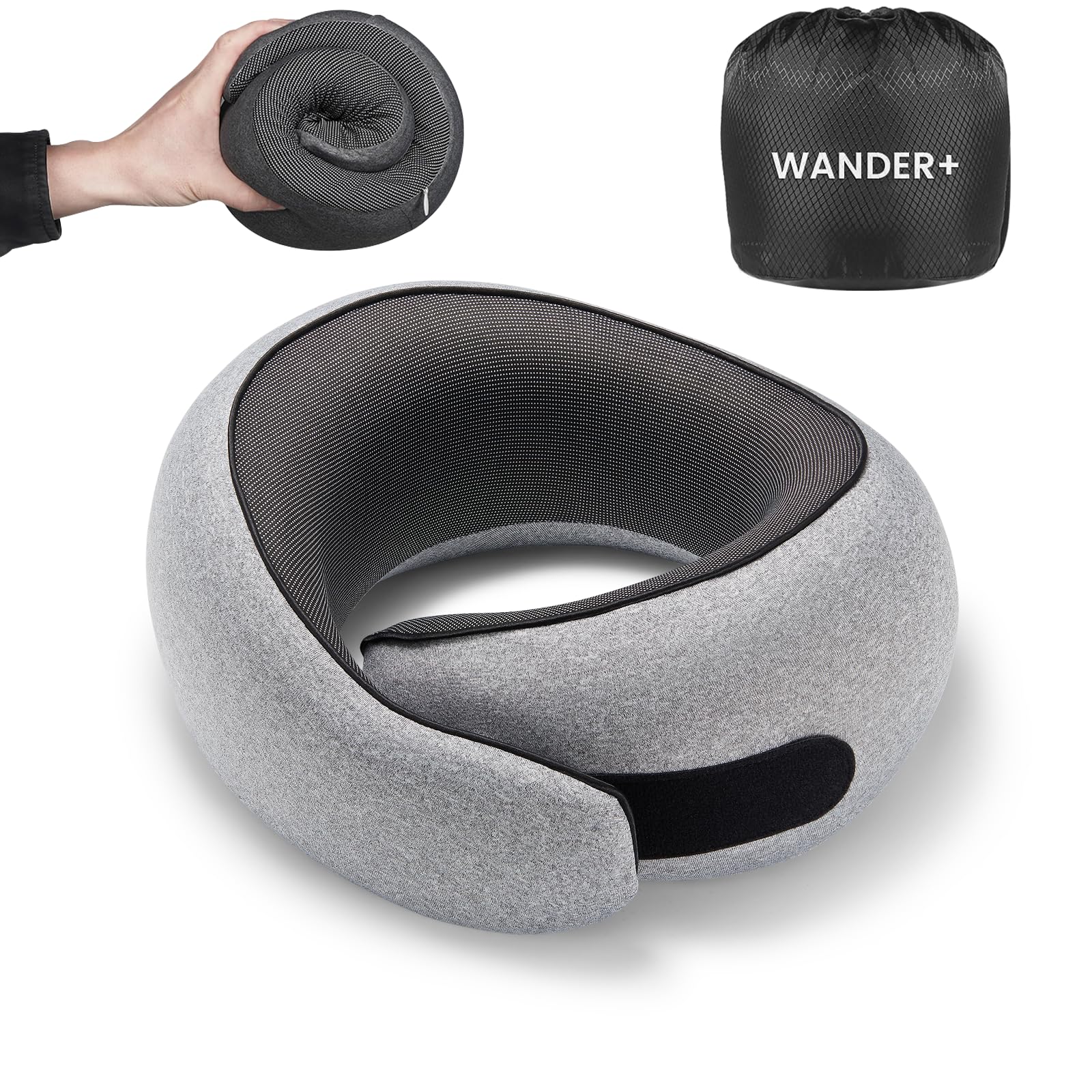 WANDER PLUS memory foam travel pillow in compact form for easy packing and full neck support.