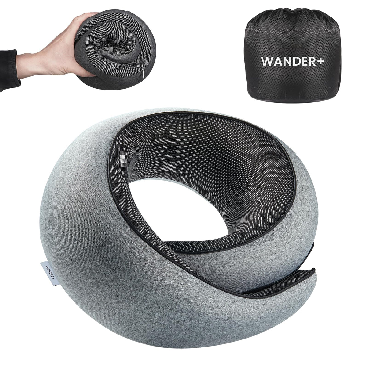 WANDER PLUS travel pillow rolled up for compact packing, ideal for backpackers.