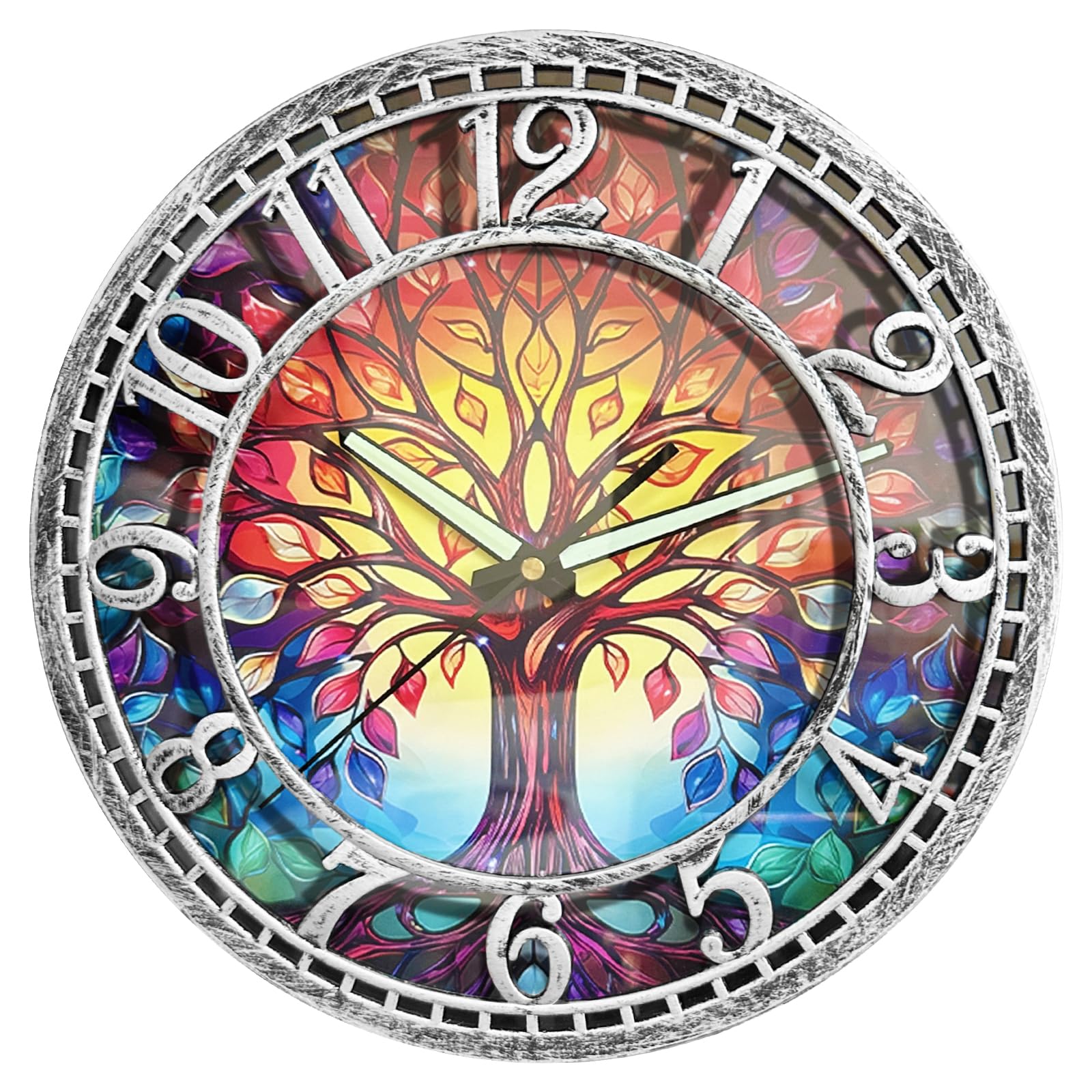 WANGIRO Tree of Life Clock front view in antique silver with easy-to-read numerals