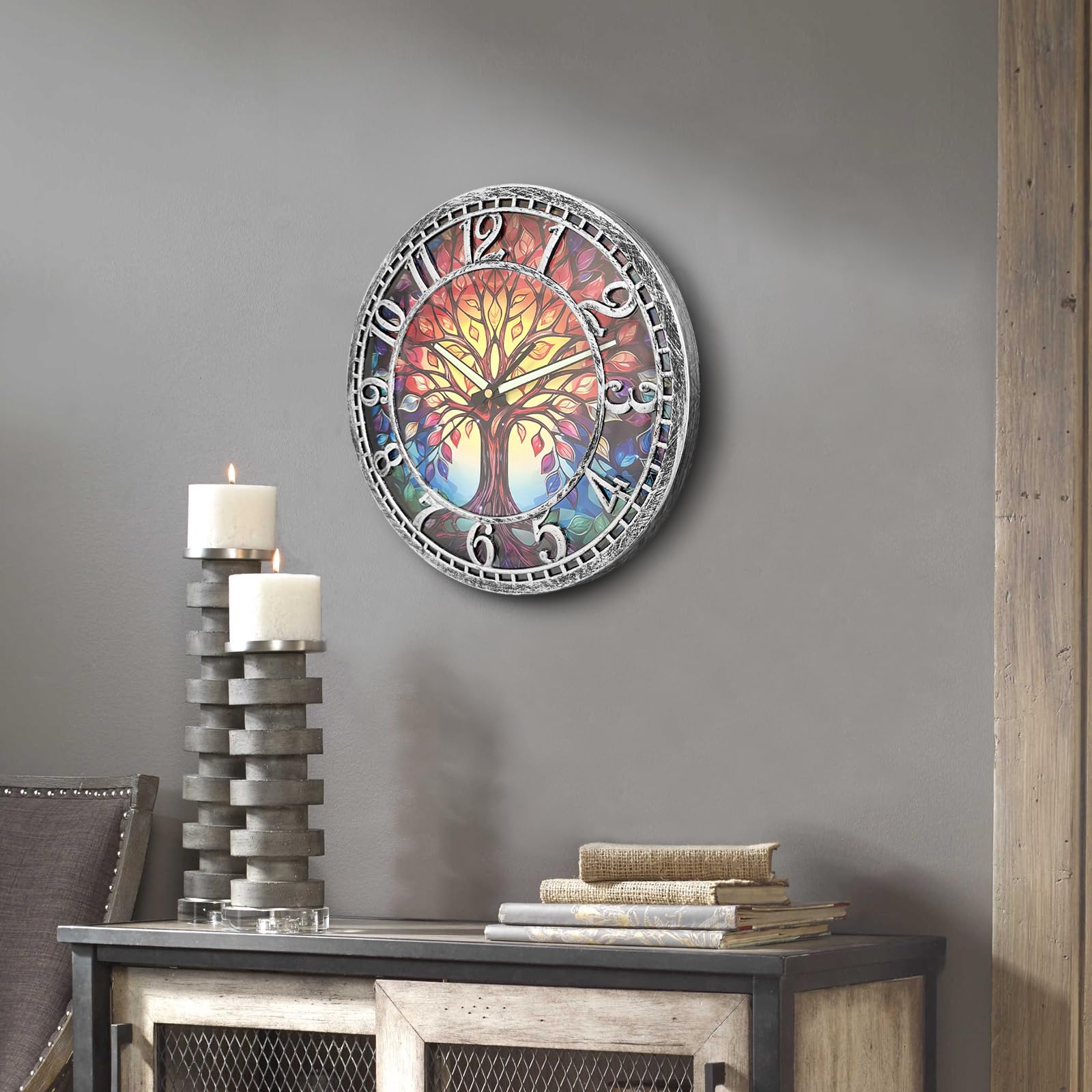 WANGIRO Tree of Life Clock in living room setup, adds versatile decor and function