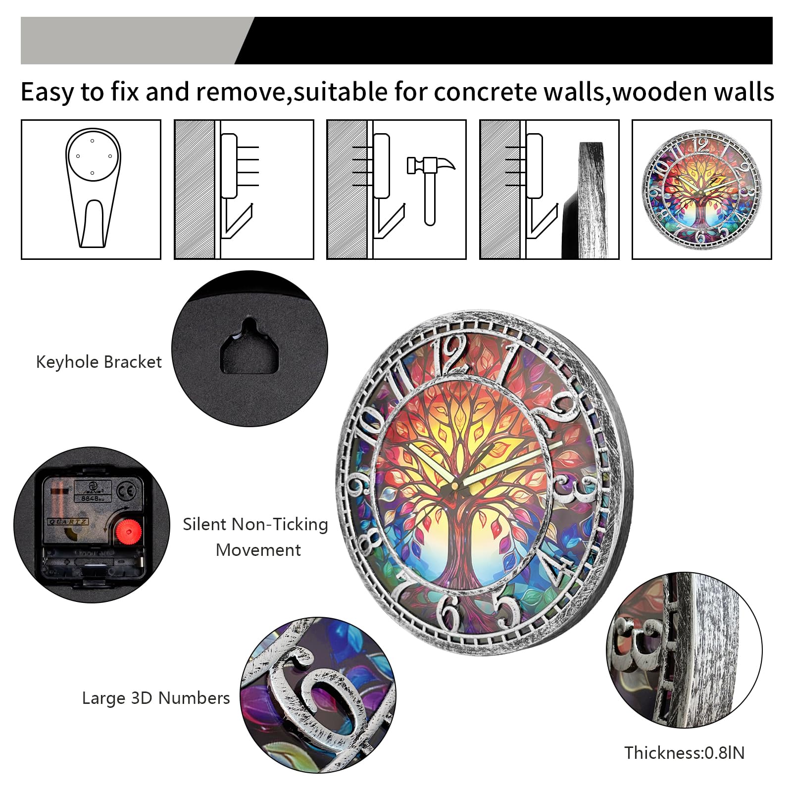 WANGIRO Tree of Life Clock mounted on wall with antique silver finish for elegant decor