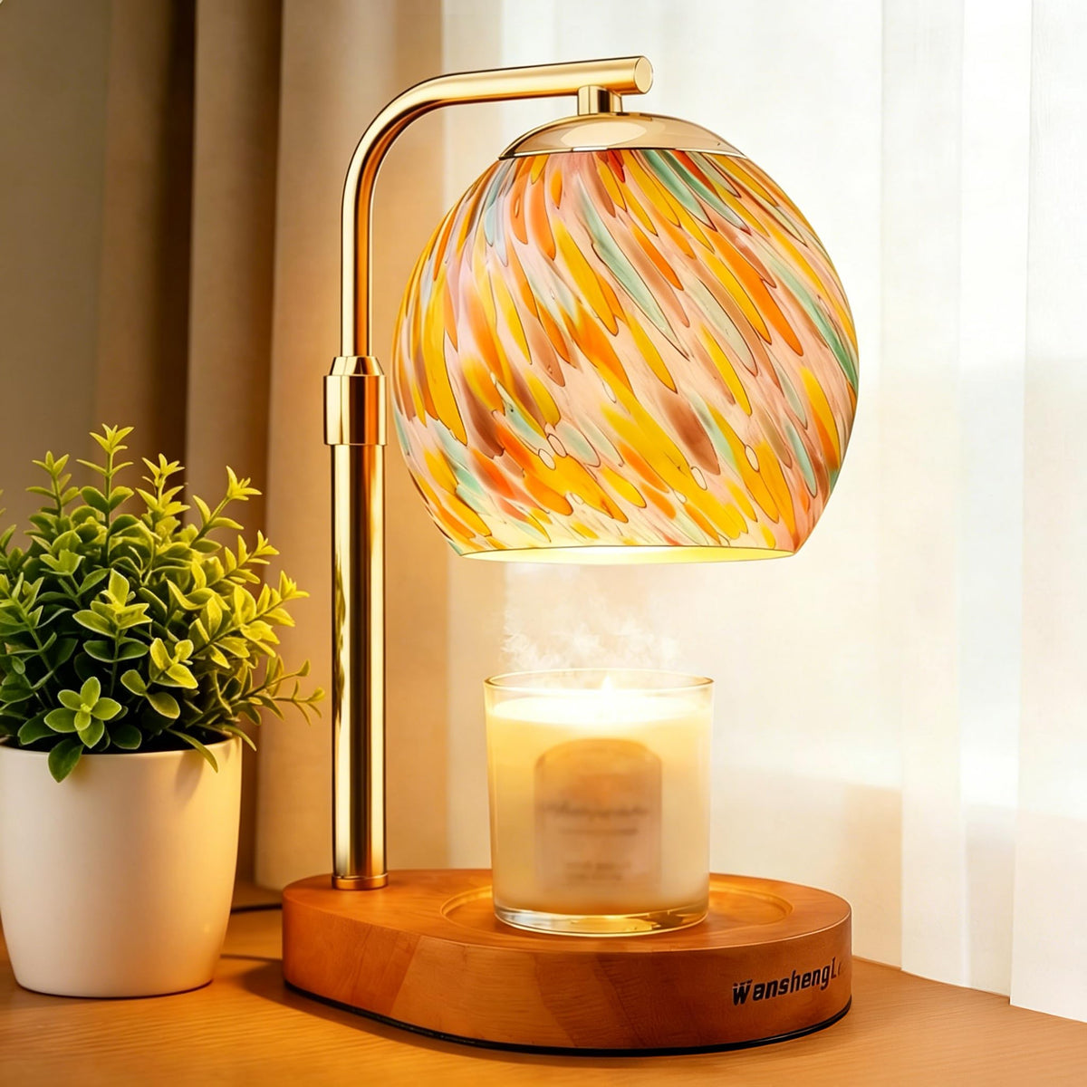 WangshengLe stained glass candle warmer lamp closeup showing colorful shade for ambiance