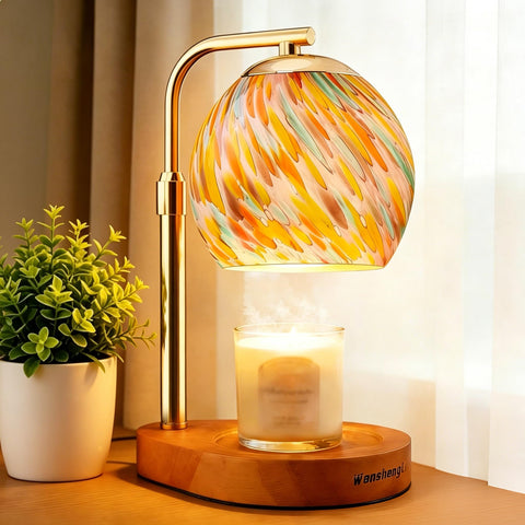WangshengLe stained glass candle warmer lamp closeup showing colorful shade for ambiance