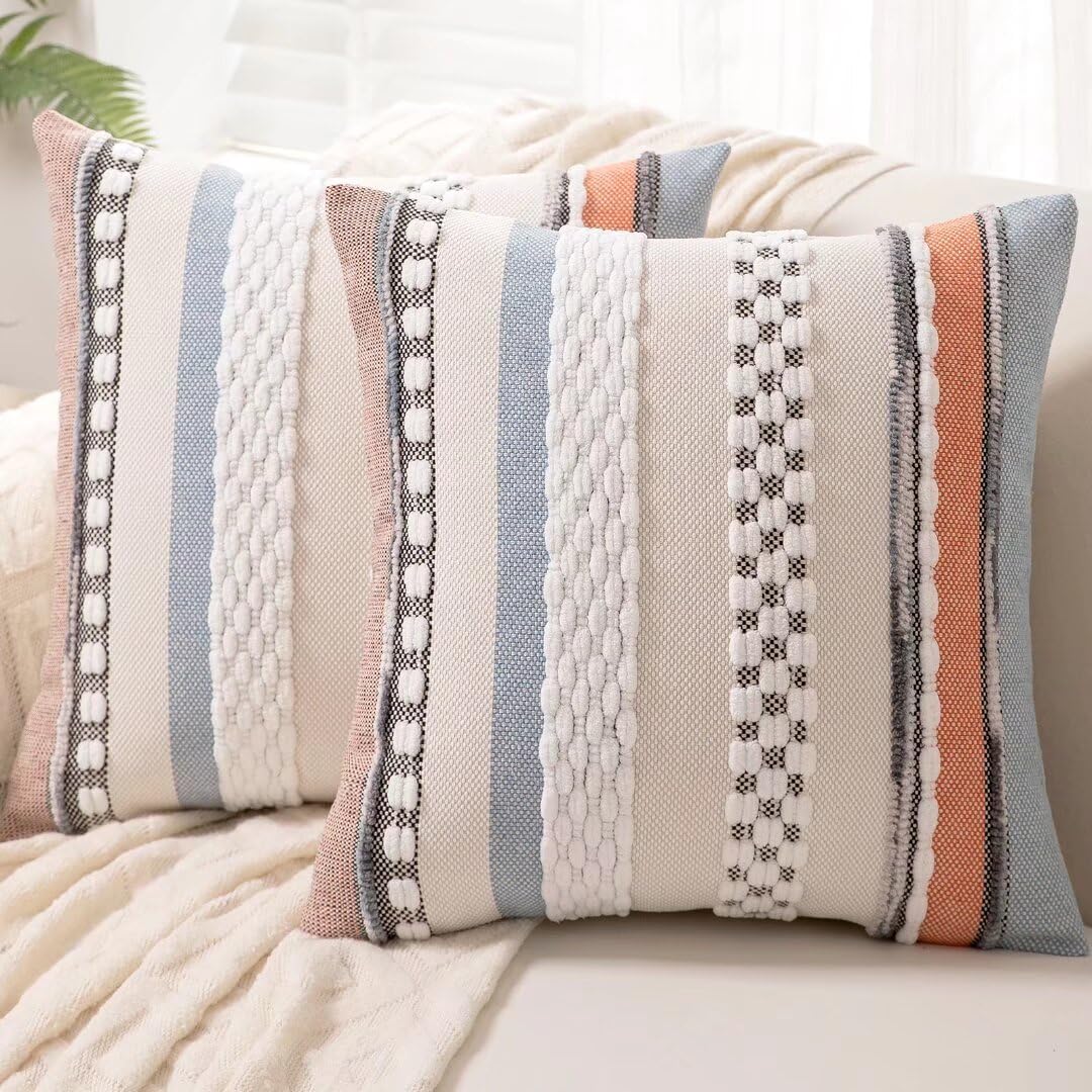 WANLIRD boho pillow cover 18x18 with stripe front in plush chenille for cozy decor