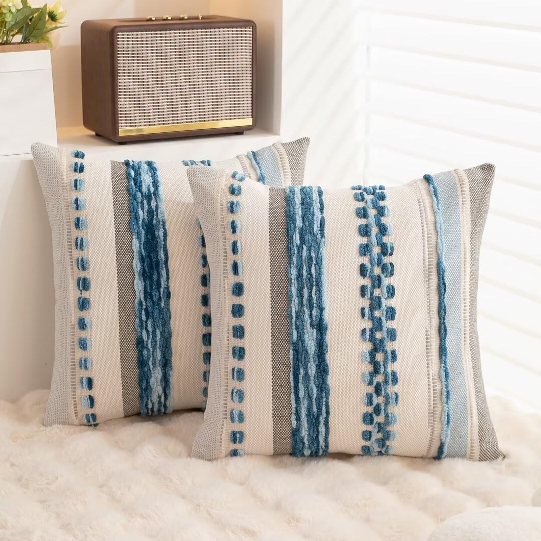 WANLIRD Boho pillow cover sky blue 18x18 elevates living spaces with calm tones.