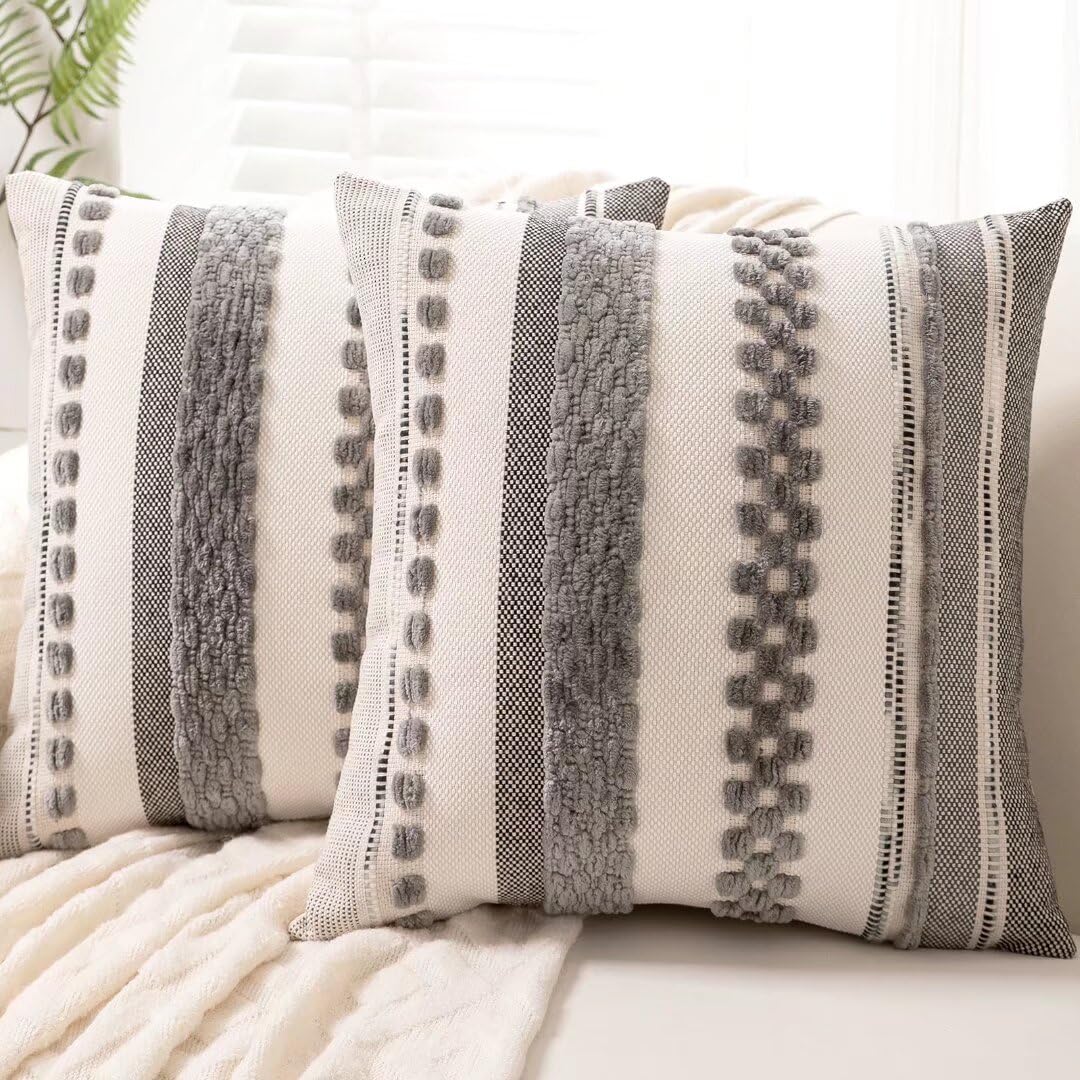 WANLIRD boho pillow cover gray stripe 18x18 adds versatile farmhouse charm