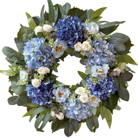 WANNA-CUL 24-Inch blue hydrangea wreath on front door boosts seasonal curb appeal