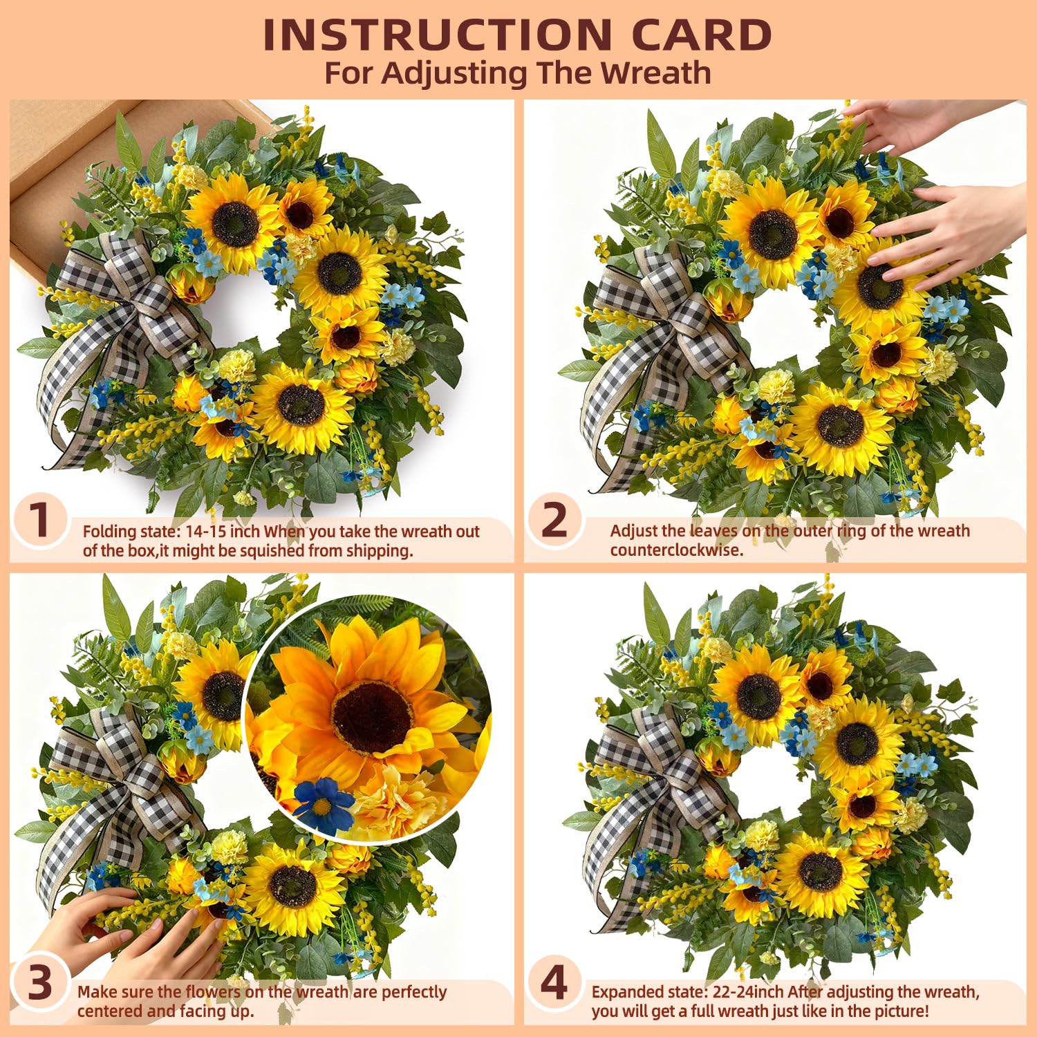 WANNA-CUL 24-inch wreath showcases bright sunflowers and daisies for bold seasonal decor
