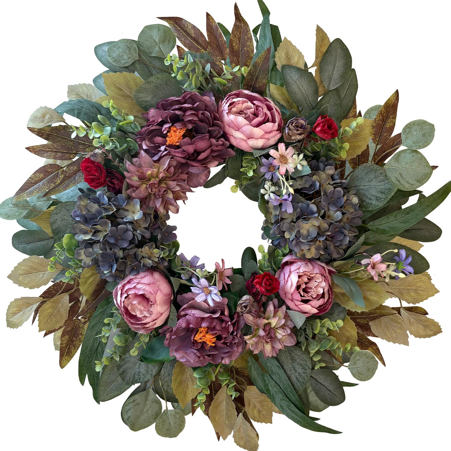 WANNA-CUL 24in wreath on front door shows pink peony for curb appeal