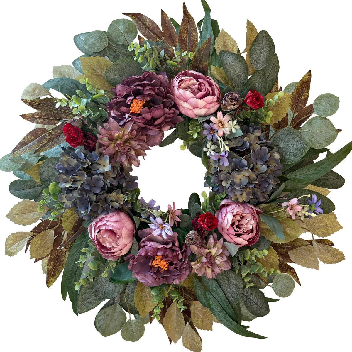 WANNA-CUL 24in wreath on front door shows pink peony for curb appeal