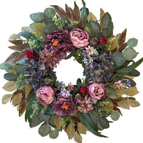 WANNA-CUL 24in wreath on front door shows pink peony for curb appeal