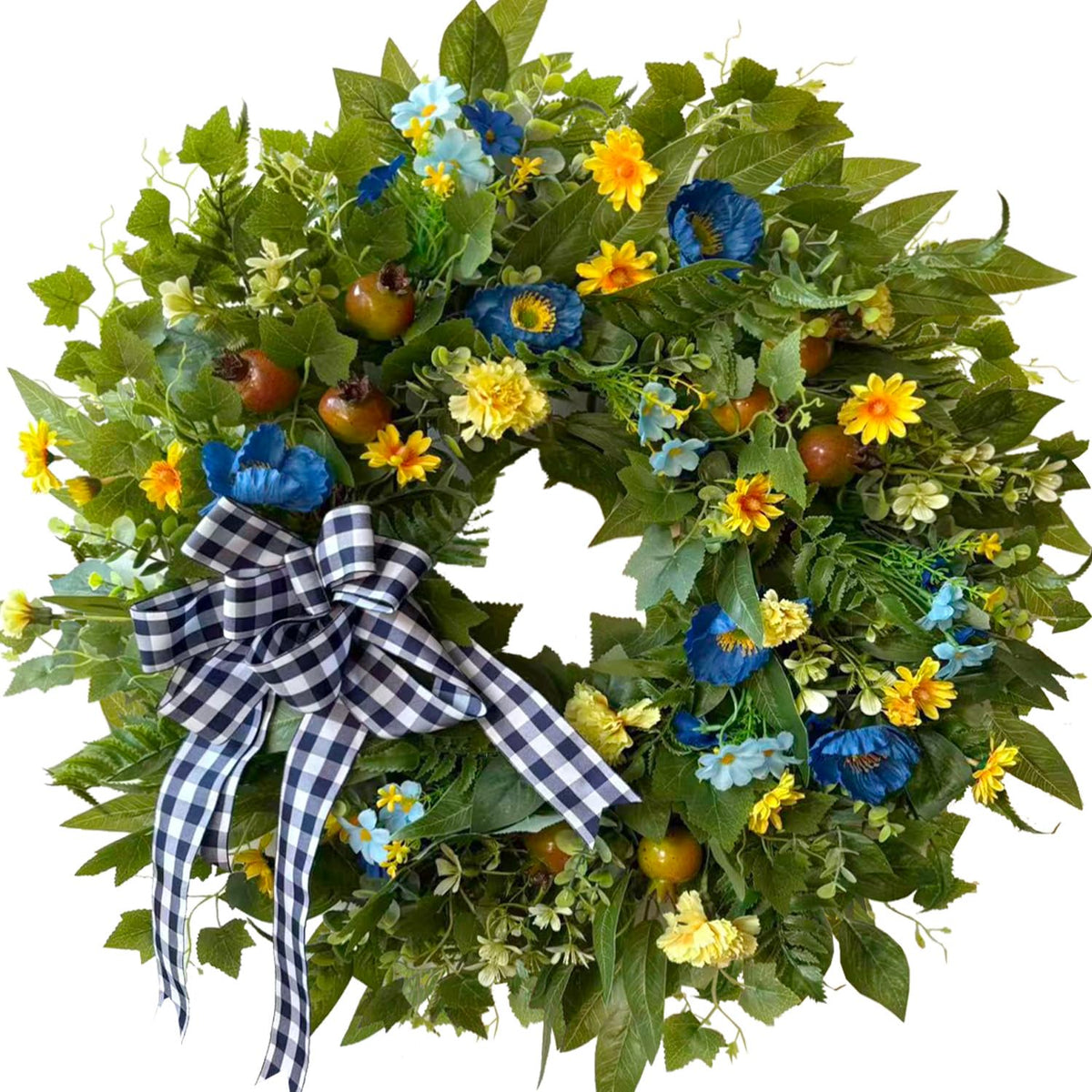WANNA-CUL 24 inch wreath with blue poppies and yellow daisies enhances front door curb appeal