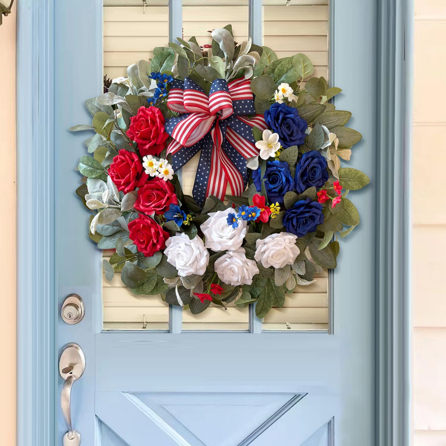WANNA-CUL 250th year wreath emphasizes festive patriotic styling.