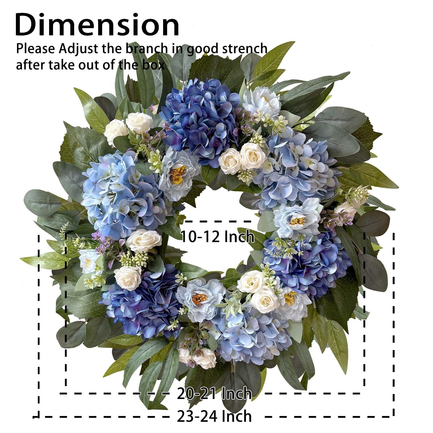 WANNA-CUL blue hydrangea, white rose, and peony cluster creates eye-catching focal point