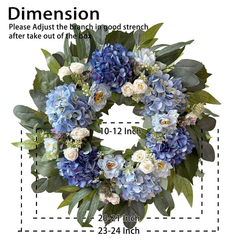 WANNA-CUL blue hydrangea, white rose, and peony cluster creates eye-catching focal point