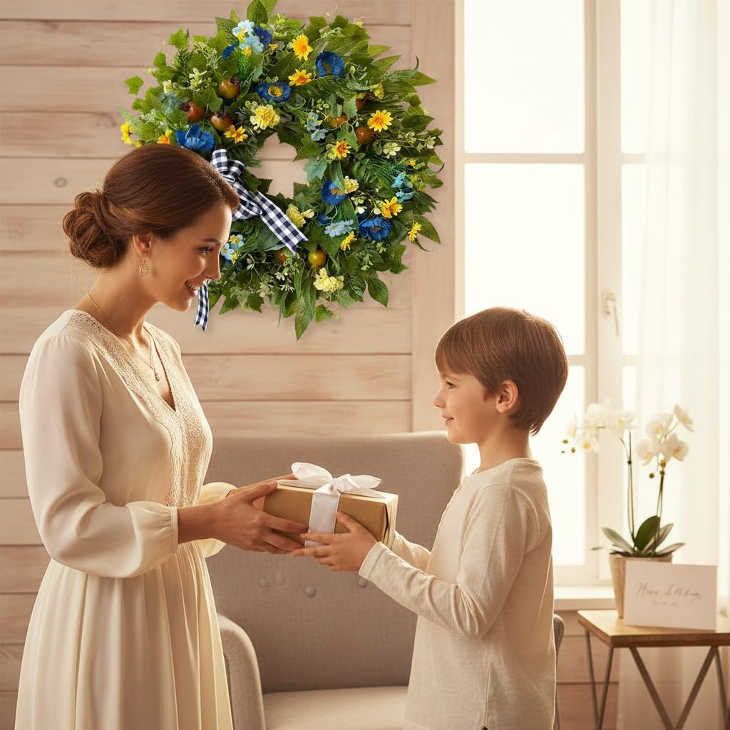 WANNA-CUL all-season wreath with hydrangeas and pomegranates for durable outdoor or indoor use
