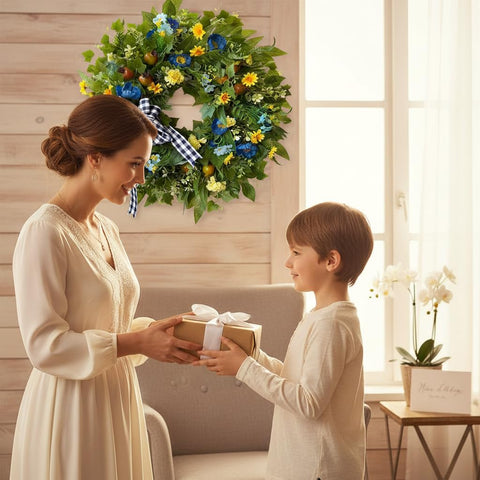 WANNA-CUL all-season wreath with hydrangeas and pomegranates for durable outdoor or indoor use