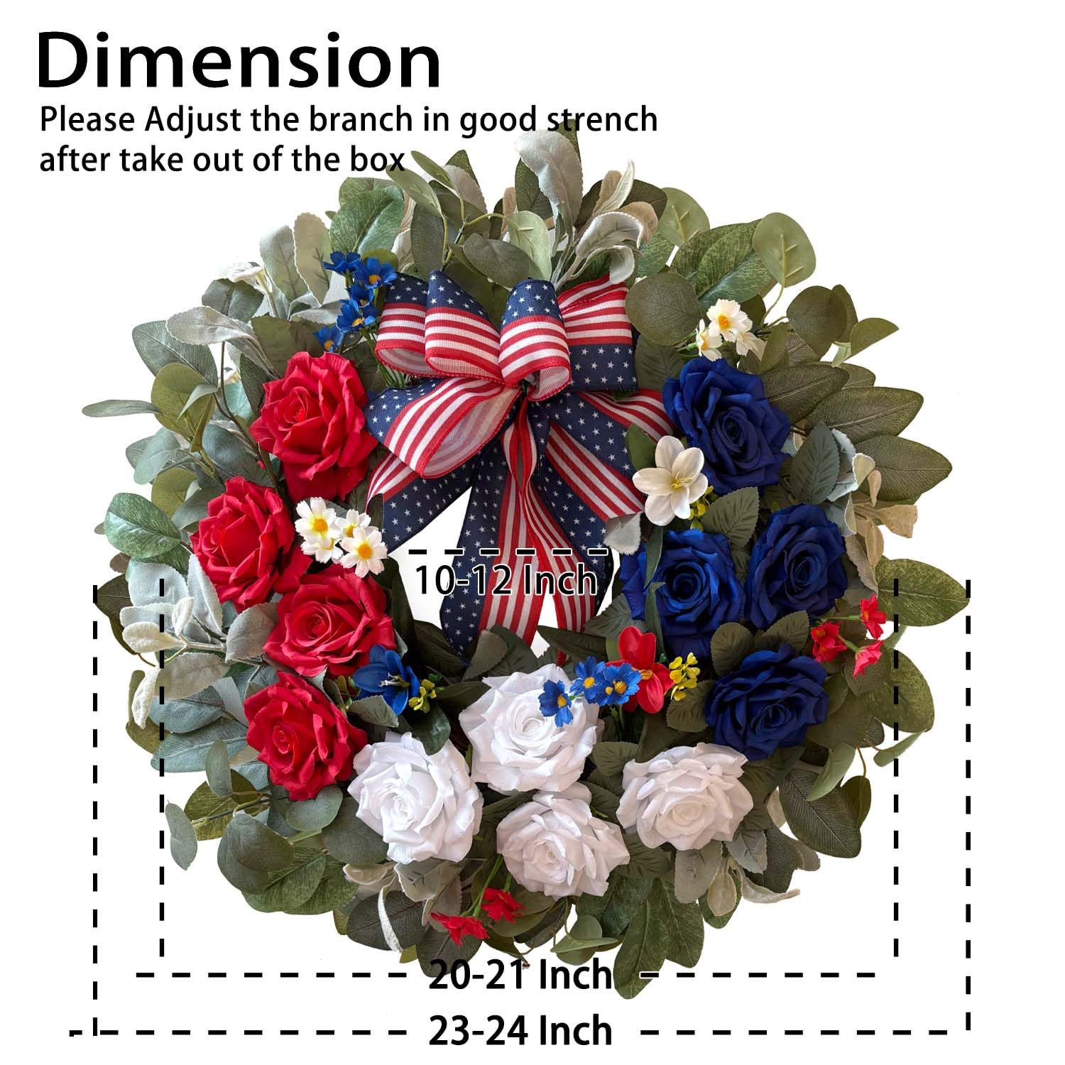 WANNA-CUL 250th year wreath with red, white and blue roses for outdoor display.