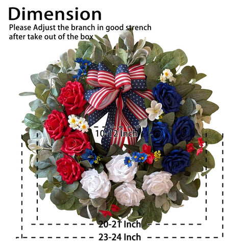 WANNA-CUL 250th year wreath with red, white and blue roses for outdoor display.