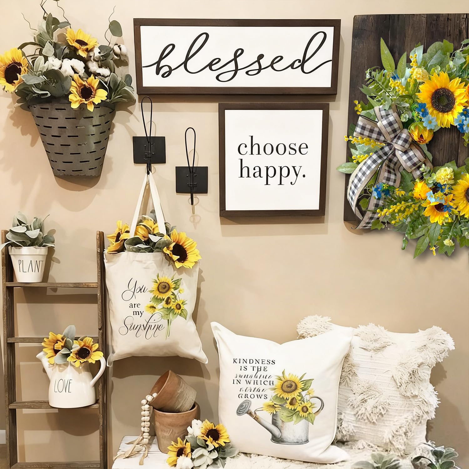 WANNA-CUL silk flowers on natural wood base create durable entry decor