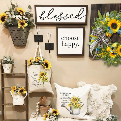 WANNA-CUL silk flowers on natural wood base create durable entry decor