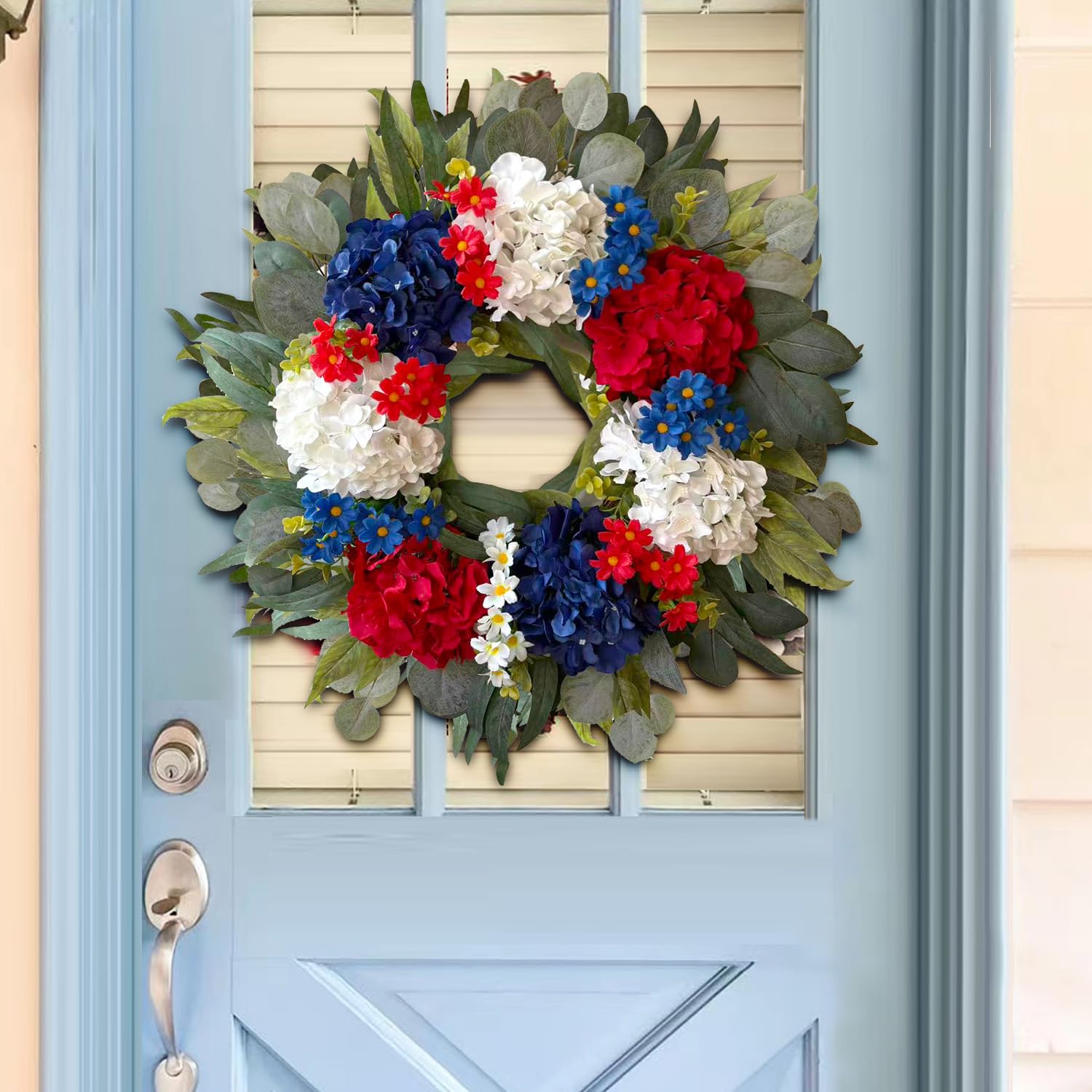 WANNA-CUL 250th year wreath evokes patriotic celebration with durable artificial petals.