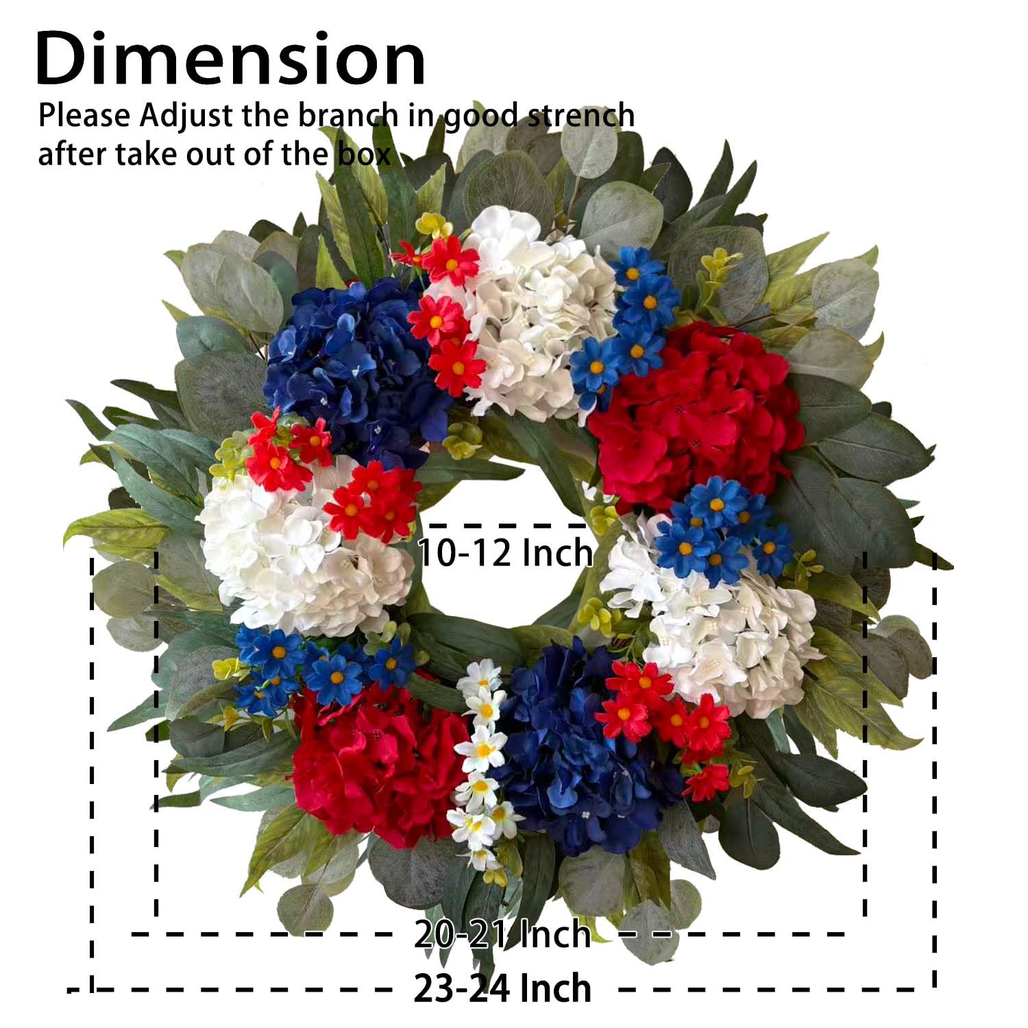 WANNA-CUL hydrangea wreath close-up shows vivid red white blue blooms and textured leaves.
