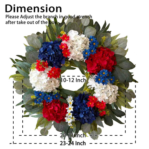 WANNA-CUL hydrangea wreath close-up shows vivid red white blue blooms and textured leaves.