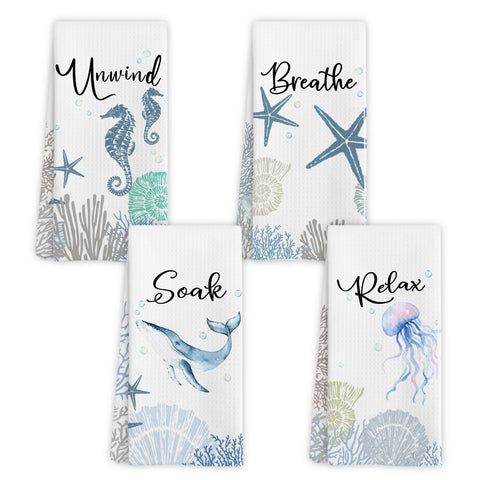 WARDOS Coastal hand towels 16x24 on rack showcasing decorative bath decor